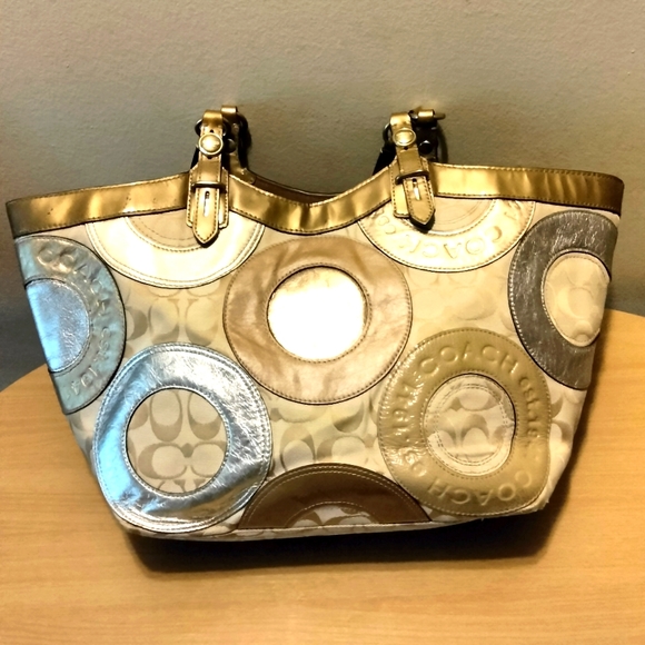 Coach Carly F16180 pieced Patchwork Metallic Signature Leather Tote - Picture 2 of 13